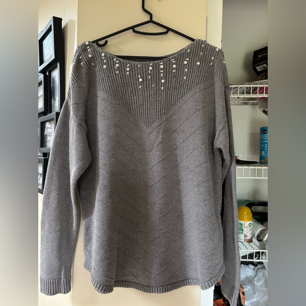 Elegant Gray Sweater with Raining Gem Accents
